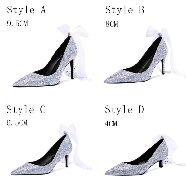 Lyx Glittrande Silver Brudskor 2019 Rosett Läder Rhinestone 9 cm Stilettklackar Spetsiga Bröllop Pumps