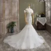 Fashion White Trumpet / Mermaid Wedding Dresses 2021 Off-The-Shoulder Glitter Sequins Lace Flower Sleeveless Backless Cathedral Train Wedding