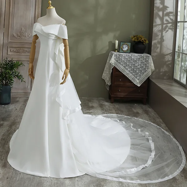 Élégant Ivoire Trompette / Sirène Satin Robe De Mariée 2021 De l'épaule Manches Courtes Dos Nu Cathedral Train