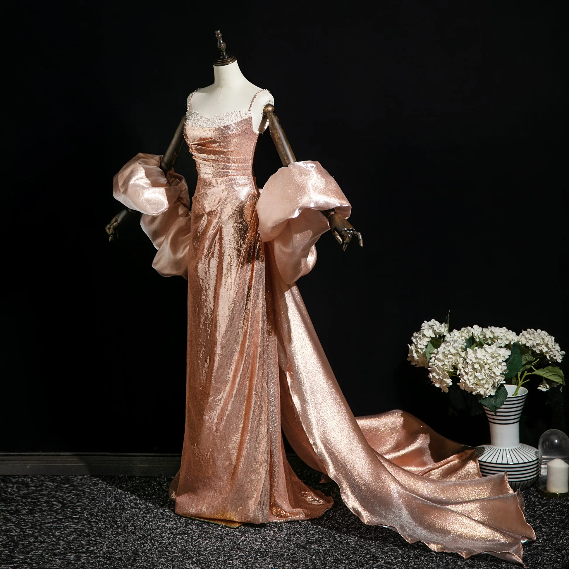 Sexy Sparkly Rose Gold Beading Pearl Sequins Evening Dresses 2025 Trumpet Mermaid Straps Sexy Sparkly Rose Gold Beading Pearl Sequins Evening Dresses 2025 Trumpet Mermaid Straps