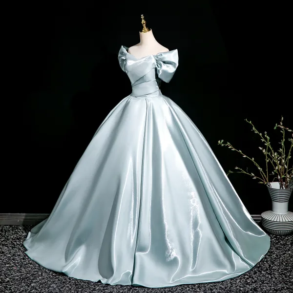 Chic / Beautiful Sky Blue Prom Dresses 2025 Ball Gown Off-The-Shoulder Short Sleeve Backless Floor-Length / Long Prom Formal Dresses