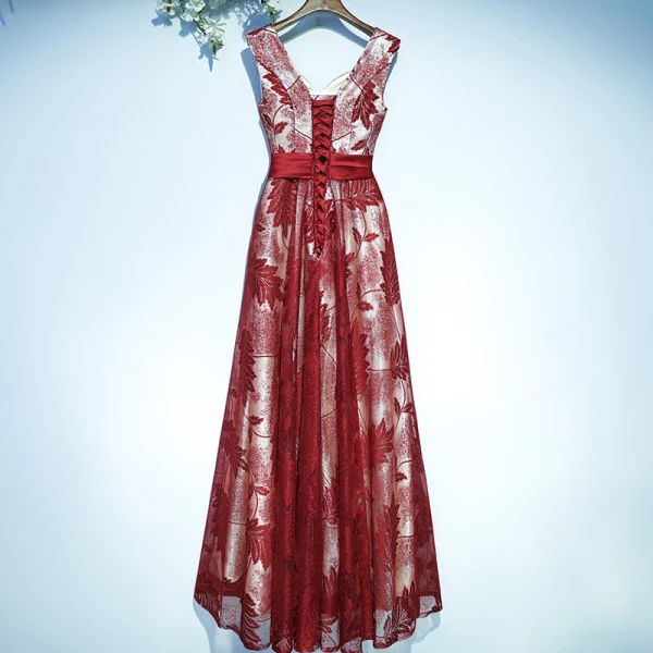 Chic / Belle Rouge Robe De Ceremonie Robe De Soirée 2017 En Dentelle Fleur Noeud Dos Nu V-Cou Sans Manches Princesse Kniehohe Longueur Cheville