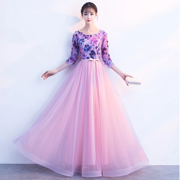 Chic / Beautiful Candy Pink Prom Dresses 2018 A-Line / Princess Appliques Bow Scoop Neck 3/4 Sleeve Floor-Length / Long Formal Dresses