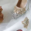 Luxe Ivoire Chaussure De Mariée 2019 Cuir Appliques En Dentelle Cristal Faux Diamant 10 cm Talons Aiguilles À Bout Pointu Mariage Escarpins