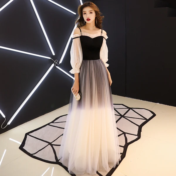Modern / Fashion Gradient-Color Black Evening Dresses 2019 A-Line / Princess Spaghetti Straps Pleated 3/4 Sleeve Backless Floor-Length / Long Formal Dresses