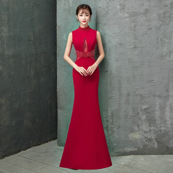 Charming Burgundy Evening Dresses 2019 Trumpet / Mermaid High Neck Beading Crystal Tassel Sleeveless Floor-Length / Long Formal Dresses