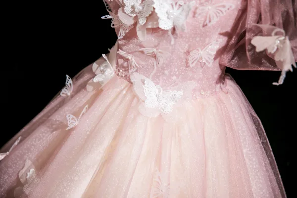 Flower Fairy Blushing Pink Butterfly Appliques Beading Prom Dresses 2025 Ball Gown V-Neck Sleeveless Backless Floor-Length / Long Prom Formal Dresses
