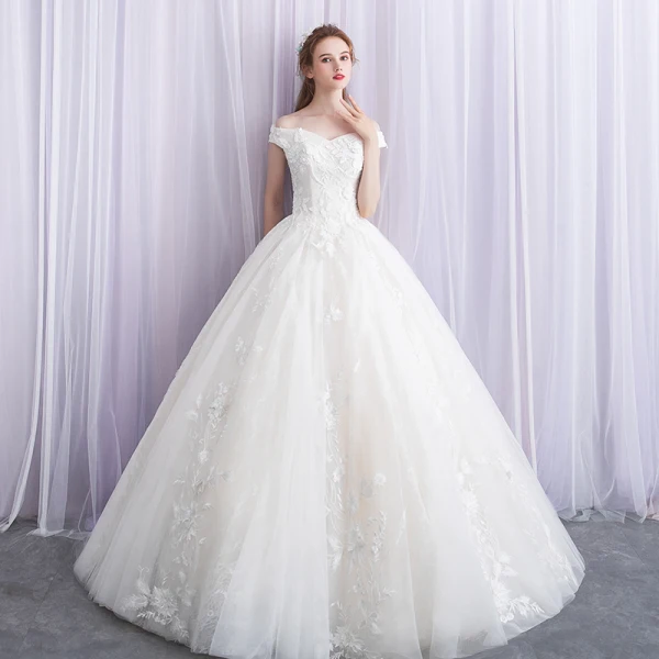 Élégant Ivoire Robe De Mariée 2019 Robe Boule De l'épaule Perlage En Dentelle Appliques Manches Courtes Dos Nu Longue