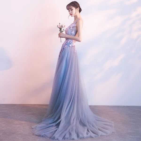 Chic / Belle Robe De Soirée 2018 Princesse Appliques V-Cou Dos Nu Sans Manches Train De Balayage Robe De Ceremonie