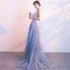 Chic / Beautiful Grey Evening Dresses  2018 A-Line / Princess Appliques V-Neck Backless Sleeveless Sweep Train Formal Dresses