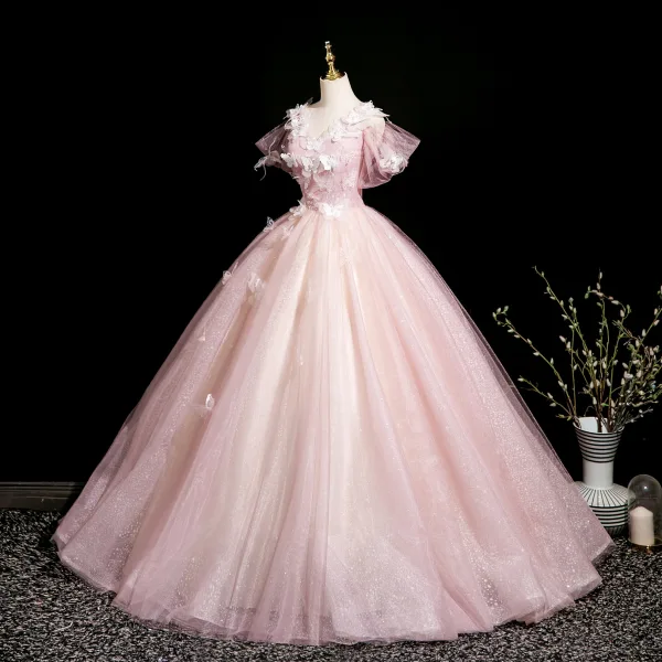 Flower Fairy Blushing Pink Butterfly Appliques Beading Prom Dresses 2025 Ball Gown V-Neck Sleeveless Backless Floor-Length / Long Prom Formal Dresses
