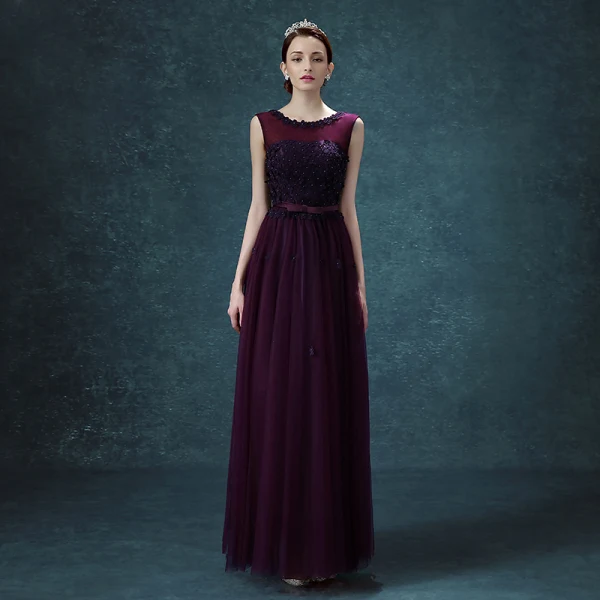 Chic / Beautiful Grape Bridesmaid Dresses 2018 A-Line / Princess Bow Flower Scoop Neck Backless Sleeveless Floor-Length / Long Wedding Party Dresses
