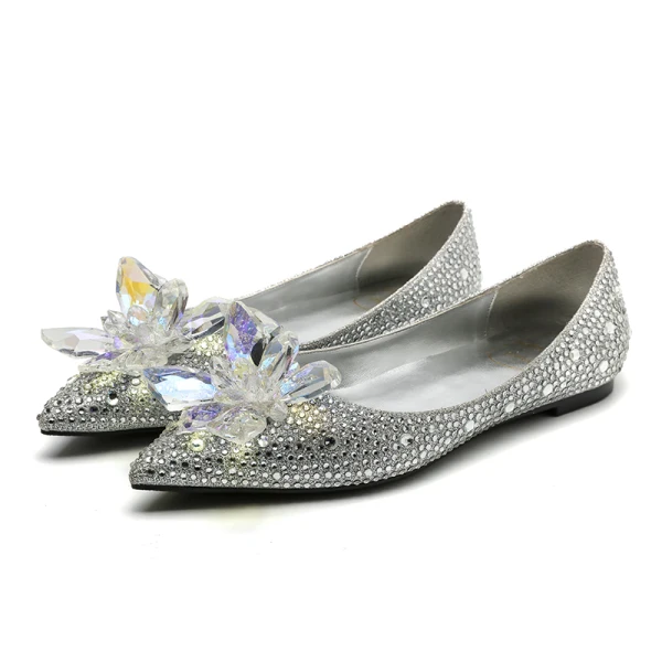 Lyx Barock Askungen Silver Damskor 2019 Kristall Rhinestone Spetsiga Platt
