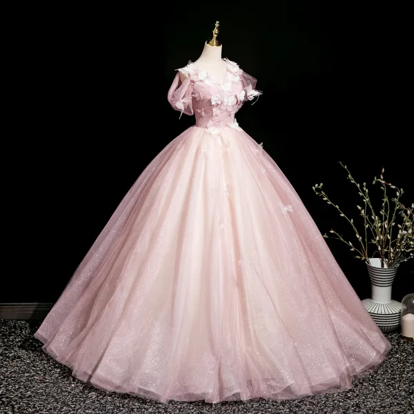 Flower Fairy Blushing Pink Butterfly Appliques Beading Prom Dresses 2025 Ball Gown V-Neck Sleeveless Backless Floor-Length / Long Prom Formal Dresses