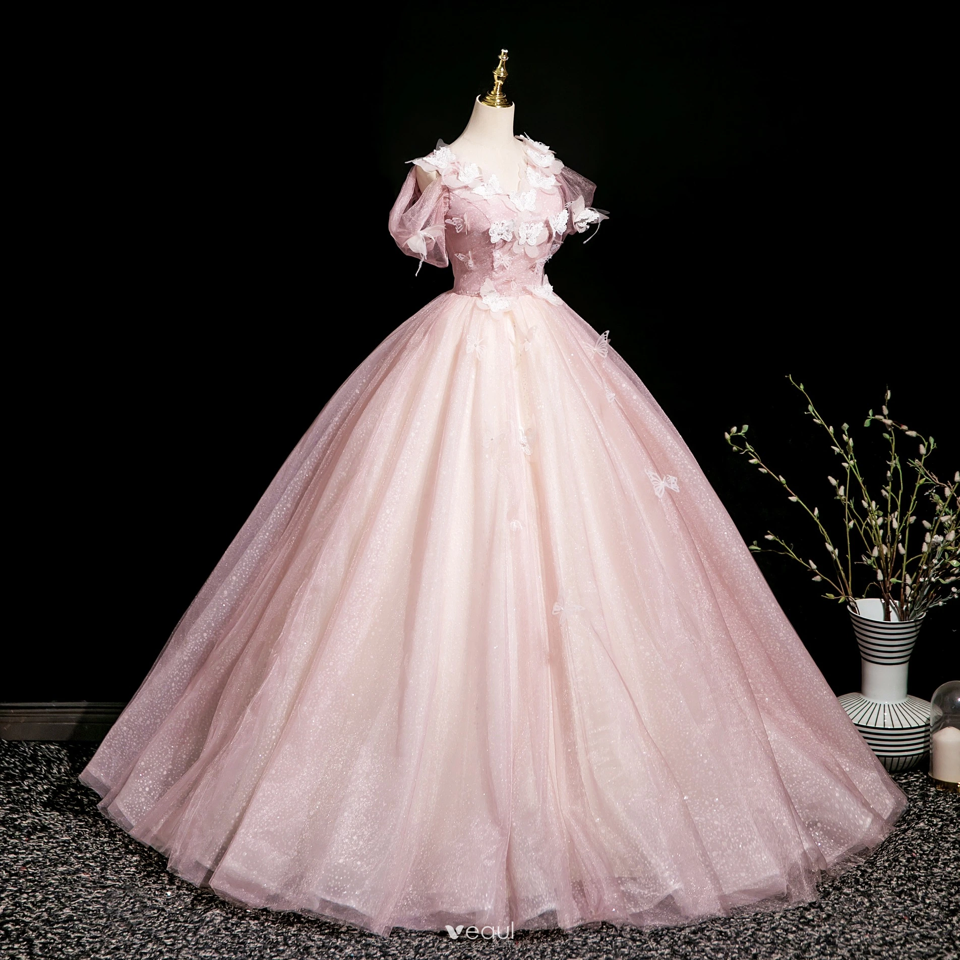 open lace back dress Butterfly Appliqued Long Blue Princess Ball Gowns Cap Sleeve A Line V Neck Prom Dresses ARD1055