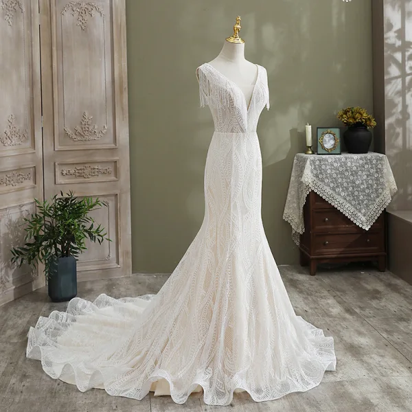 Charmant Blanche Trompette / Sirène Robe De Mariée 2021 V-Cou Perlage Gland En Dentelle Fleur Sans Manches Dos Nu Cathedral Train Mariage