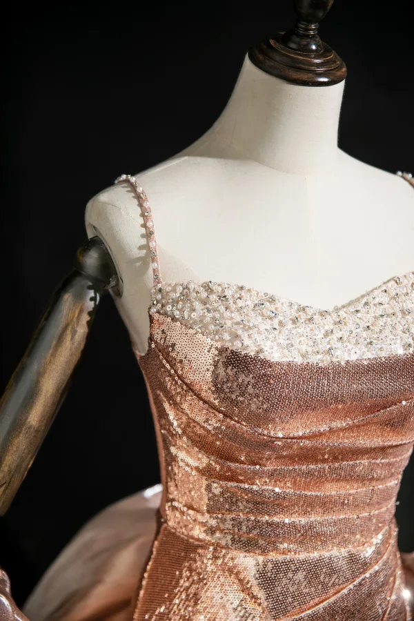 Sexy Scintillantes Or Rose Perlage Perle Paillettes Robe De Soirée 2025 Trompette / Sirène Bretelles Spaghetti Sans Manches Dos Nu Train De Balayage Soirée Robe De Ceremonie