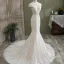 Charming White Trumpet / Mermaid Wedding Dresses 2021 Scoop Neck Pearl Lace Flower Cap Sleeves Chapel Train Wedding