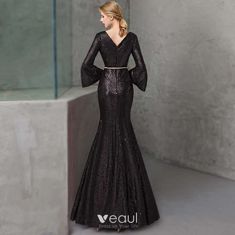 farm rio black dress Long Sleeves Mermaid Scoop Neck Two Pieces Lace Black Prom Dresses, Lo –  Shiny Party main image 1