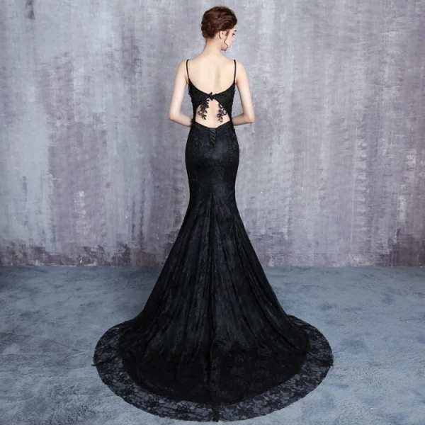 Charmant Noire Robe De Soirée 2019 Trompette / Sirène Bretelles Spaghetti Dentelle Fleur Perlage Paillettes Sans Manches Dos Nu Tribunal Train Robe De Ceremonie