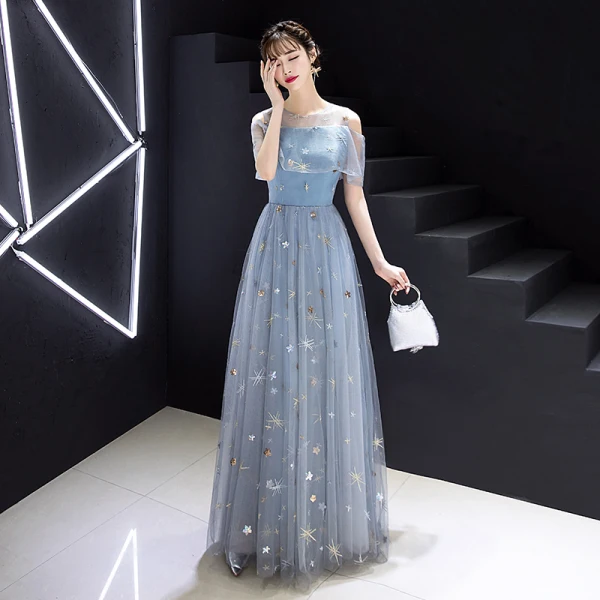 Elegant Sky Blue Evening Dresses  2019 A-Line / Princess Scoop Neck Lace Sequins Appliques Short Sleeve Floor-Length / Long Formal Dresses