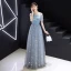 Elegant Sky Blue Evening Dresses  2019 A-Line / Princess Scoop Neck Lace Sequins Appliques Short Sleeve Floor-Length / Long Formal Dresses