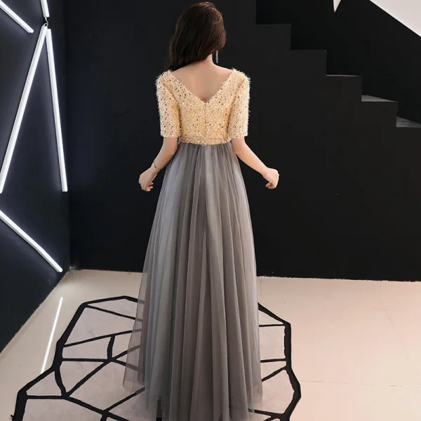 Modern / Fashion Champagne Evening Dresses 2019 A-Line / Princess V-Neck Tassel Sequins 1/2 Sleeves Backless Floor-Length / Long Formal Dresses