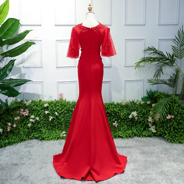 Chic / Belle Bordeaux Robe De Soirée 2019 Trompette / Sirène Encolure Dégagée 1/2 Manches En Dentelle Fleur Perlage Paillettes Train De Balayage Robe De Ceremonie