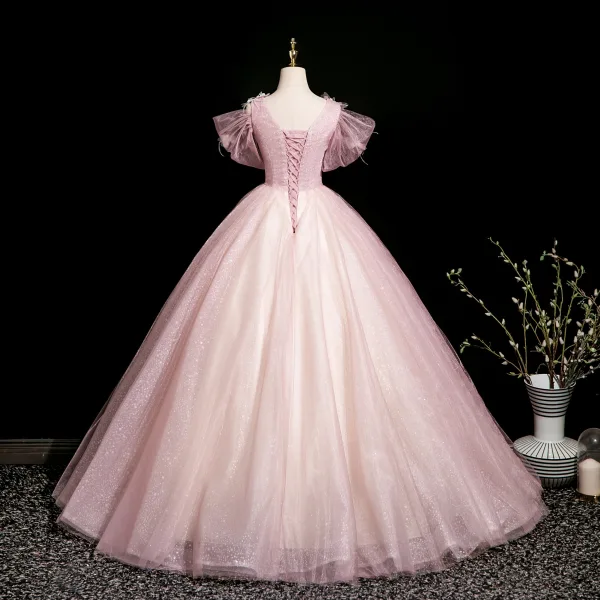 Flower Fairy Blushing Pink Butterfly Appliques Beading Prom Dresses 2025 Ball Gown V-Neck Sleeveless Backless Floor-Length / Long Prom Formal Dresses
