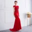 Schöne Rot Abendkleider 2018 Mermaid Perlenstickerei Pailletten Schleife Mit Spitze Blumen Rundhalsausschnitt Ärmel Sweep / Pinsel Zug Festliche Kleider