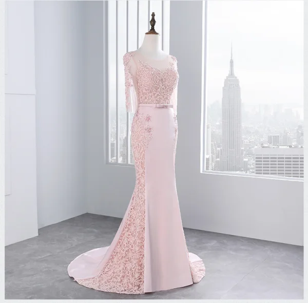 Chic / Belle Rose Bonbon Robe De Soirée 2018 Trompette / Sirène Dentelle Fleur Perlage Noeud Encolure Dégagée 1/2 Manches Dos Nu Train De Balayage Robe De Ceremonie