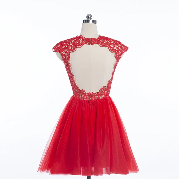 Sexy Rouge Robe De Fete 2018 Courte Encolure Dégagée En Dentelle Fleur Sans Manches Dos Nu Robe De Ceremonie