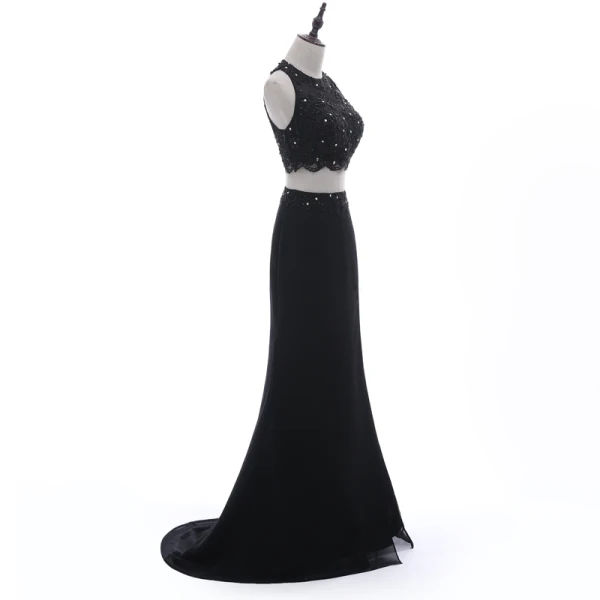 Chic / Belle 2 Pièces Noire Robe De Soirée 2018 Trompette / Sirène Encolure Dégagée Sans Manches Perlage En Dentelle Fleur Paillettes Faux Diamant Dos Nu Train De Balayage Robe De Ceremonie