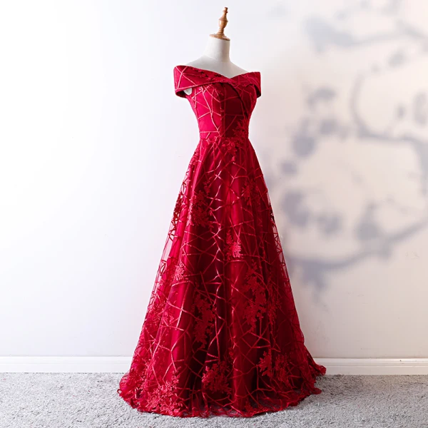 Chic / Beautiful Red Evening Dresses 2019 A-Line / Princess Off-The-Shoulder Lace Flower Short Sleeve Backless Floor-Length / Long Formal Dresses