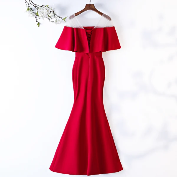Chic / Beautiful Burgundy Evening Dresses 2019 Trumpet / Mermaid Scoop Neck 1/2 Sleeves Backless Floor-Length / Long Formal Dresses
