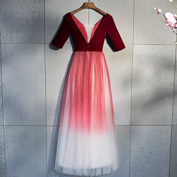 Chic / Beautiful Burgundy Evening Dresses 2019 A-Line / Princess V-Neck Suede 1/2 Sleeves Backless Sequins Floor-Length / Long Formal Dresses