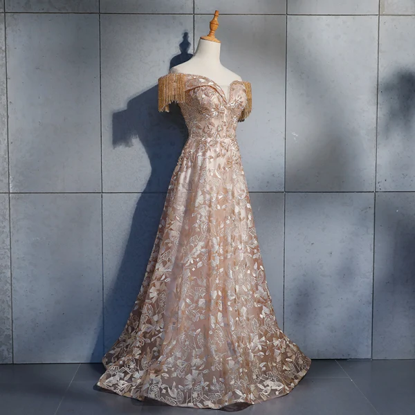 Élégant Champagne Robe De Soirée 2019 Princesse De l'épaule Perlage Gland Manches Courtes En Dentelle Fleur Cristal Dos Nu Longue Robe De Ceremonie
