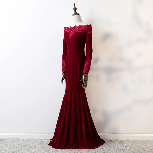 Elegante Bordeaux Avondjurken 2019 Trompet / Zeemeermin Kant Bloem Vierkante Halslijn Kralen Kristal Pailletten Suede Lange Mouwen Lange Gelegenheid Jurken