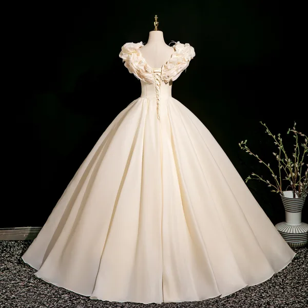 Elegant Champagne Appliques Prom Dresses 2025 Ball Gown Ruffle V-Neck Sleeveless Backless Floor-Length / Long Prom Formal Dresses