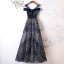Charming Glitter Navy Blue Evening Dresses  2019 A-Line / Princess Scoop Neck Short Sleeve Backless Floor-Length / Long Formal Dresses