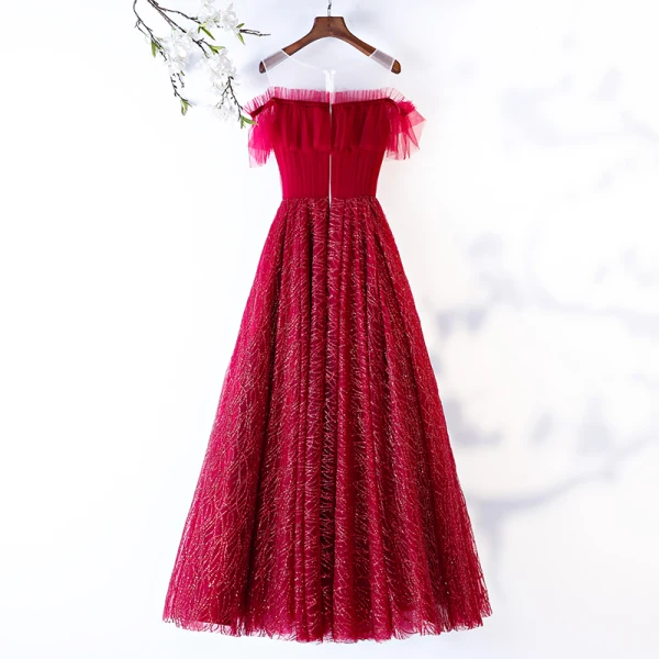 Chic / Beautiful Glitter Burgundy Prom Dresses 2019 A-Line / Princess Scoop Neck Ruffle Short Sleeve Floor-Length / Long Formal Dresses
