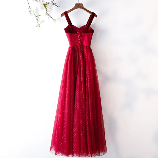 Chic / Beautiful Burgundy Prom Dresses 2019 A-Line / Princess Spotted Suede Spaghetti Straps Backless Short Sleeve Floor-Length / Long Formal Dresses