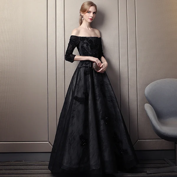 Elegante Schwarz Abendkleider 2019 A Linie Off Shoulder Perlenstickerei Spitze Blumen Kristall 3/4 Ärmel Rückenfreies Lange Festliche Kleider