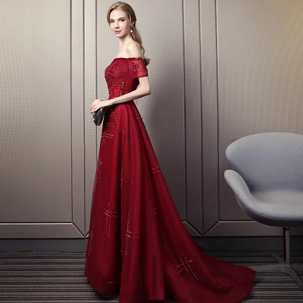 Chic / Beautiful Burgundy Evening Dresses 2019 A-Line / Princess Off-The-Shoulder Beading Crystal Sequins Short Sleeve Backless Floor-Length / Long Formal Dresses