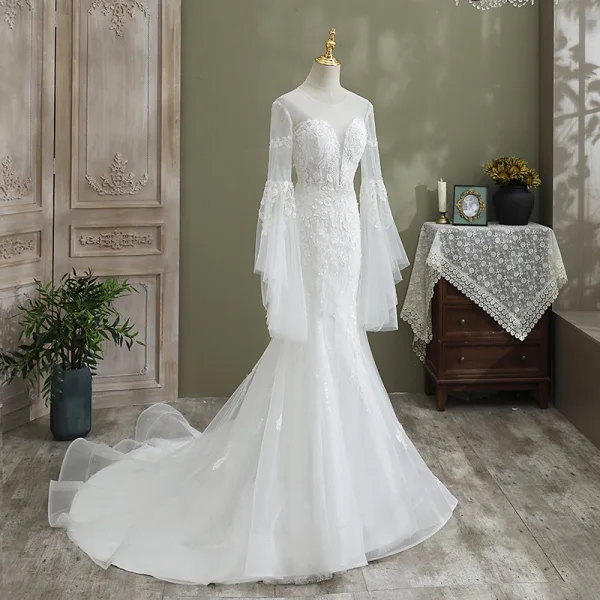Elegant White Trumpet / Mermaid Wedding Dresses 2021 Scoop Neck Beading Lace Flower Long Sleeve Backless Cathedral Train Wedding