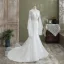 Elegant White Trumpet / Mermaid Wedding Dresses 2021 Scoop Neck Beading Lace Flower Long Sleeve Backless Cathedral Train Wedding