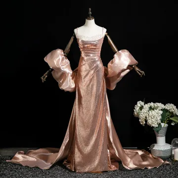 Sexy Sparkly Rose Gold Beading Pearl Sequins Evening Dresses 2025 Trumpet Mermaid Spaghetti Straps Sleeveless Backless Sweep Train Evening Party Formal Dresses