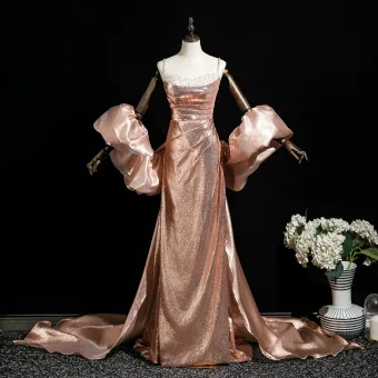 Sexy Brillante Oro Rosa Rebordear Perla Lentejuelas Vestidos De Noche 2025 Trumpet Mermaid Spaghetti Straps Sin Mangas Sin Espalda Colas De Barrido Noche Vestidos Formales