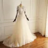 Illusion Champagne See-through Wedding Dresses 2018 A-Line / Princess Lace Appliques High Neck Long Sleeve Chapel Train Wedding