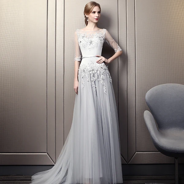 Elegant Grey Evening Dresses 2019 A-Line / Princess Scoop Neck Beading Crystal Lace Flower Sequins 1/2 Sleeves Backless Court Train Formal Dresses